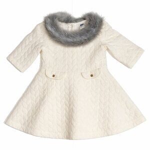 Janie and Jack Girls Quilted Ivory Dress Coat Faux Fur Collar 12–18 Months